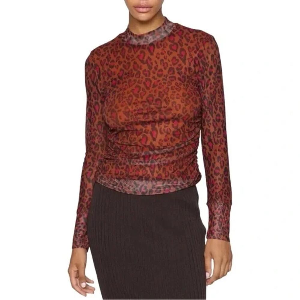 Farm Rio Leopard Pop Caramel Tulle Mesh Sheer Top Blouse Long Sleeve S